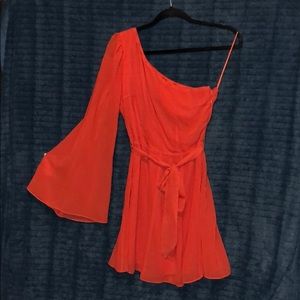 Orange One Shoulder Bell Sleeve Swing Dress - image 1